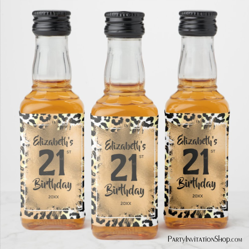 21st Birthday Leopard Mini Gold Custom Liquor Bottle Labels