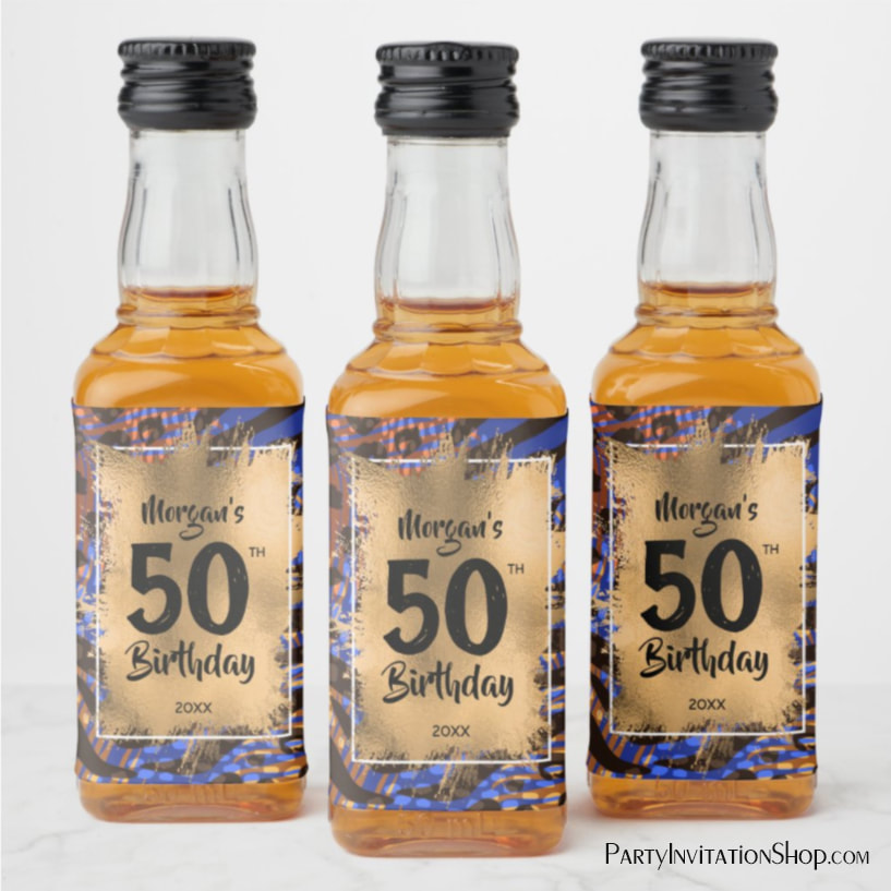 50th Birthday Gold Blue Leopard Print Mini Liquor Bottle Label