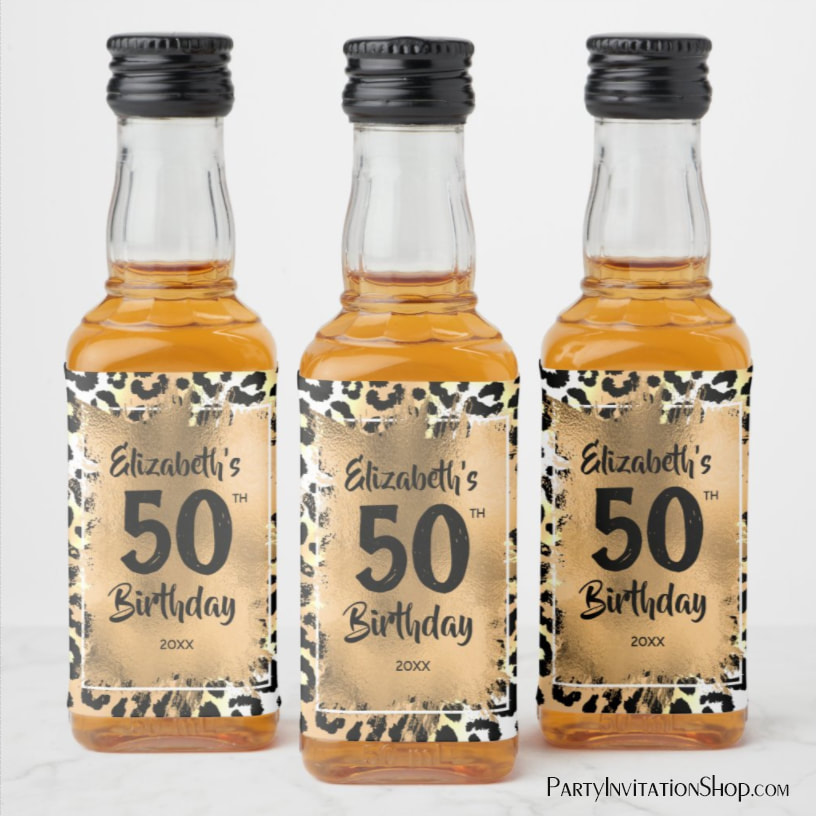 50th Birthday Leopard Mini Gold Custom Liquor Bottle Labels