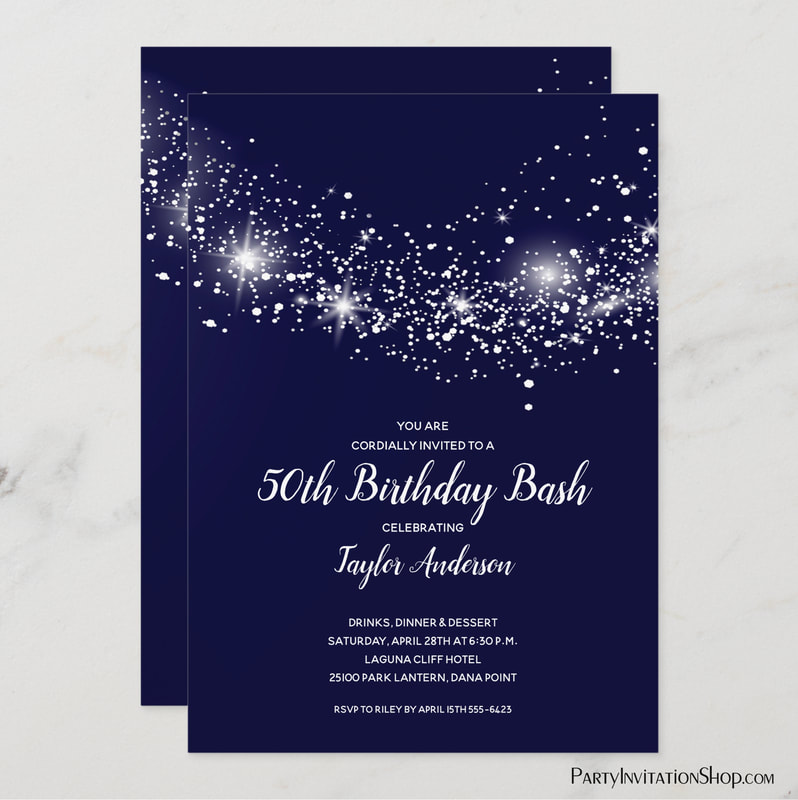 Elegant 50th Birthday Glitter Sky Navy Blue Invitations