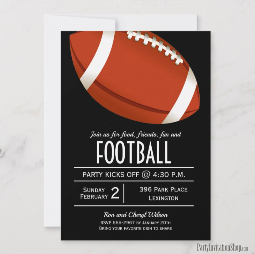 Football on Black Super Bowl Party Invitations at PartyInvitationShop.com