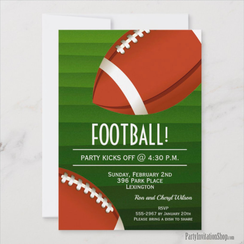 Footballs on Green Stripes Super Bowl Party Invitations at PartyInvitationShop.com