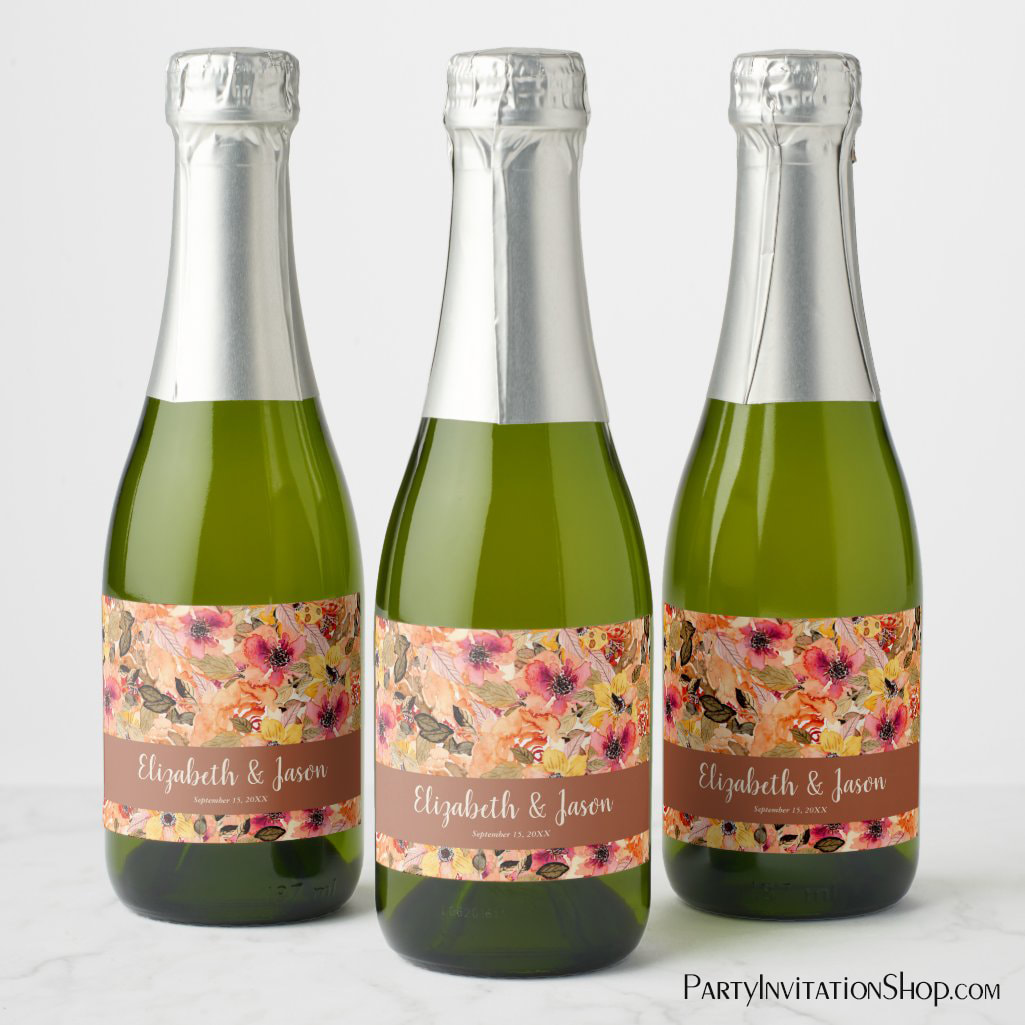 Autumn Watercolor Flowers Terracotta Wedding Mini Champagne Bottle Labels