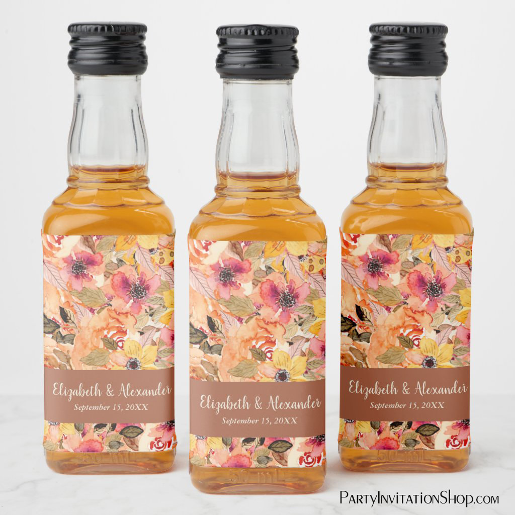 Autumn Watercolor Flowers Terracotta Wedding Mini Liquor Bottle Labels