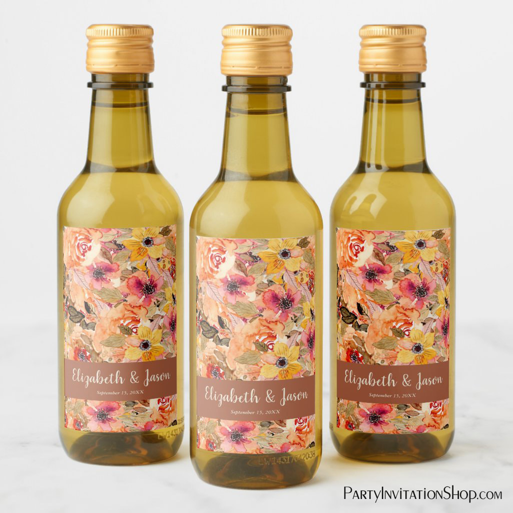 Autumn Flowers Terracotta Wedding Mini Wine Bottle Labels