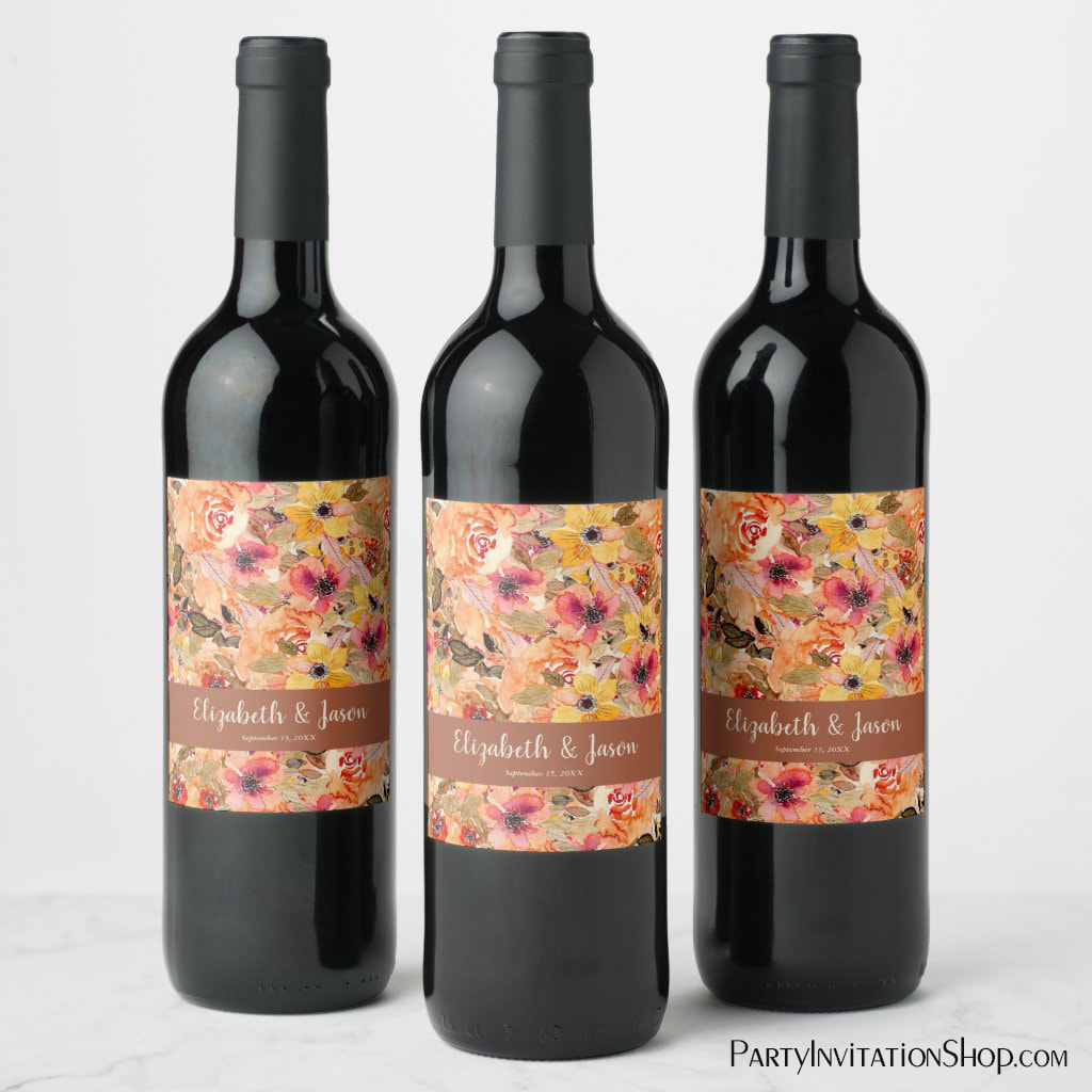 Autumn Watercolor Flowers Terracotta Wedding Wine Bottle Labels