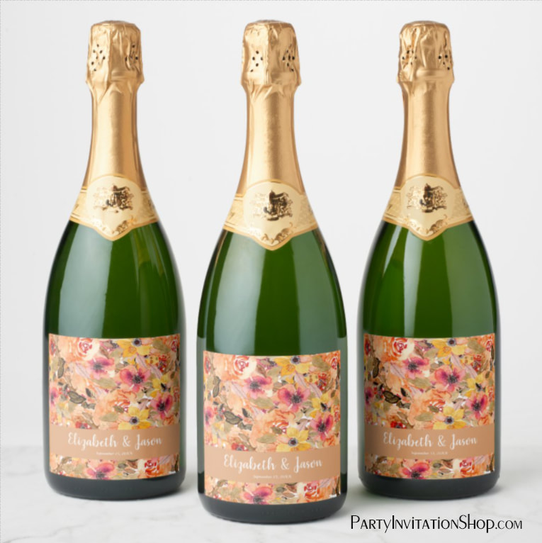 Autumn Watercolor Flowers Wedding Champagne Labels