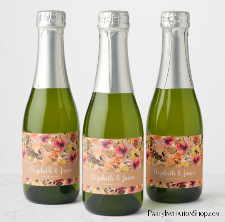 Autumn Watercolor Flowers Wedding Mini Champagne Labels