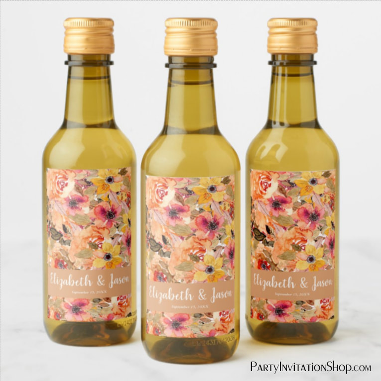 Autumn Watercolor Flowers Wedding Mini Wine Labels