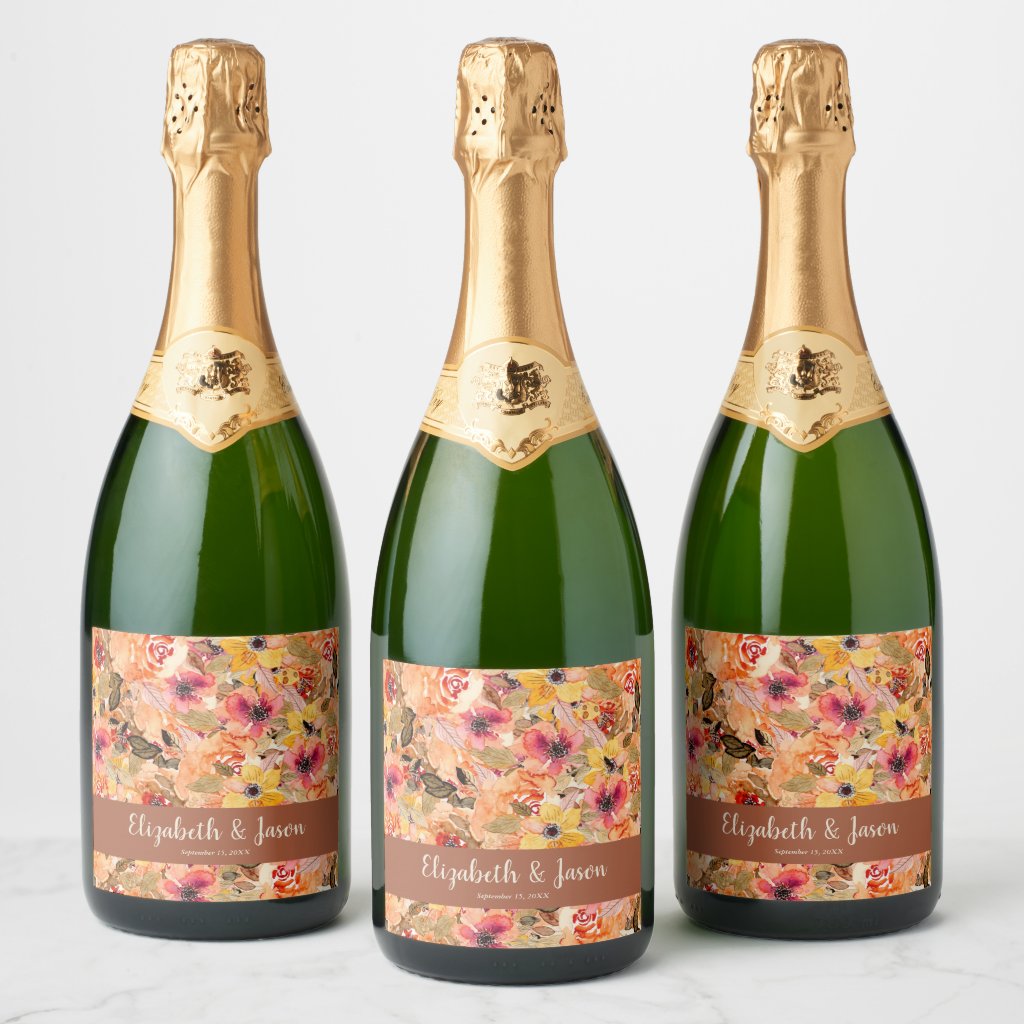 Autumn Watercolor Flowers Terracotta Wedding Champagne Bottle Labels