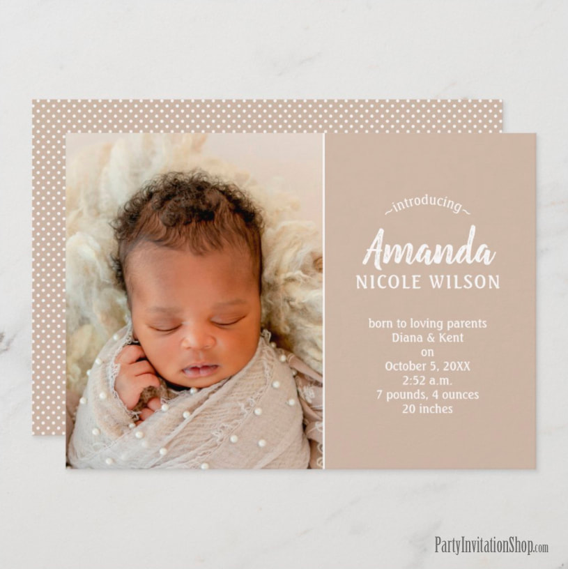 Taupe Baby Photo Birth Announcements