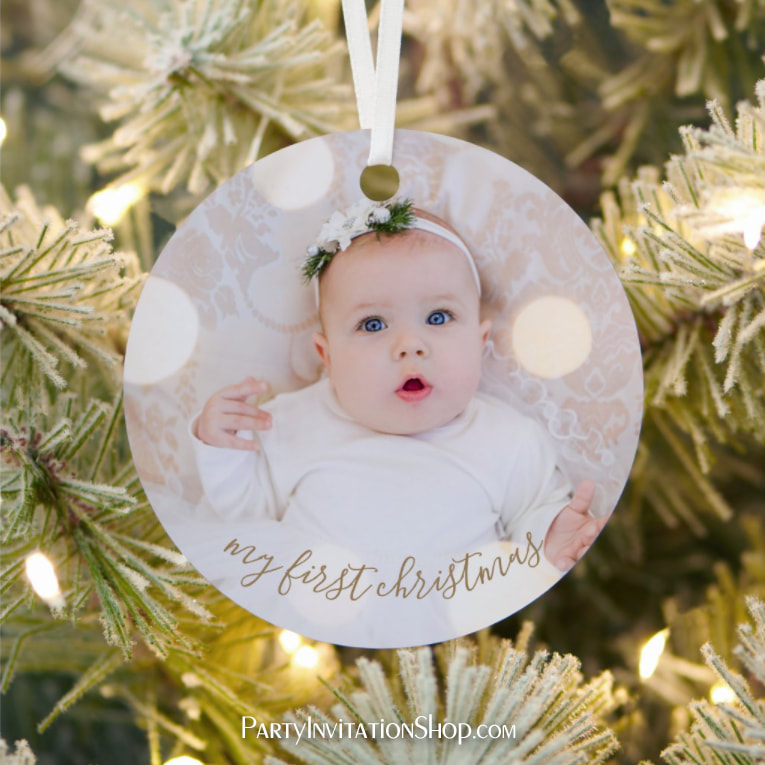 Baby's First Christmas Photo Metal Round Ornament