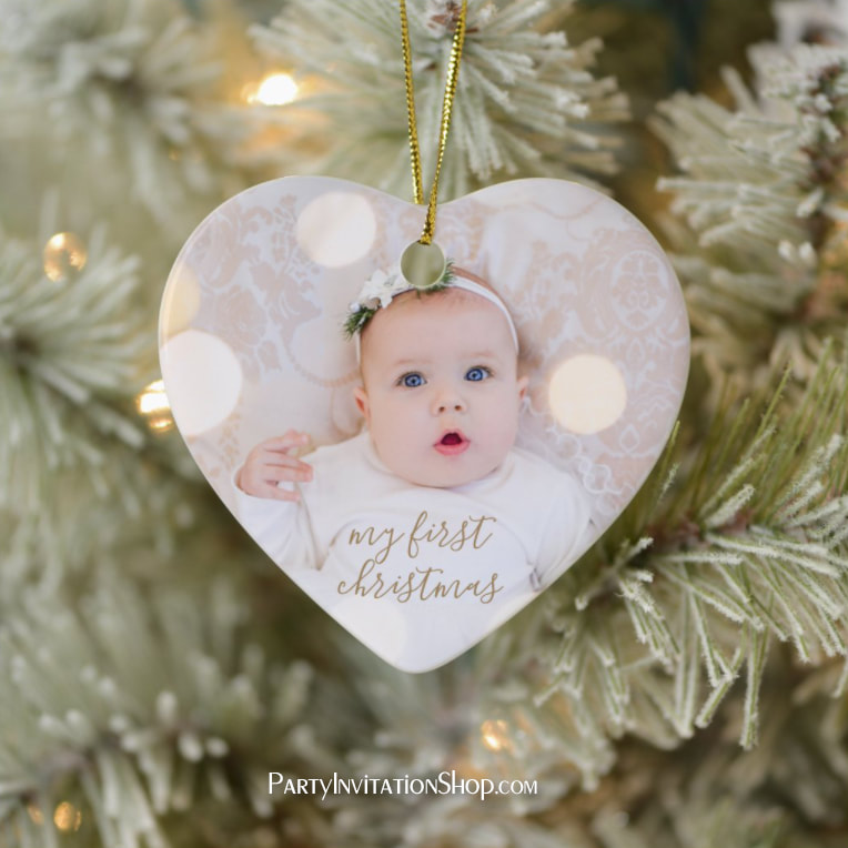 Baby's First Christmas Photo Ceramic Heart Ornament