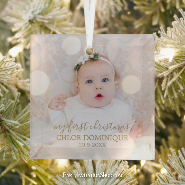 Baby's First Christmas Photo Square Glass Ornament