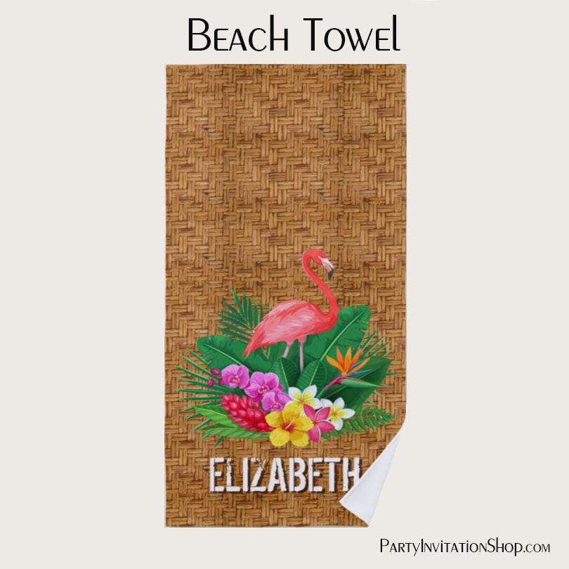 Personalized Flamingo Floral Wicker Print Beach Towels