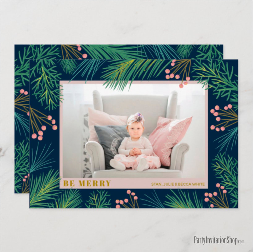 Pine and Berries on Navy Holiday Christmas Photo Cards at PartyInvitationShop.com