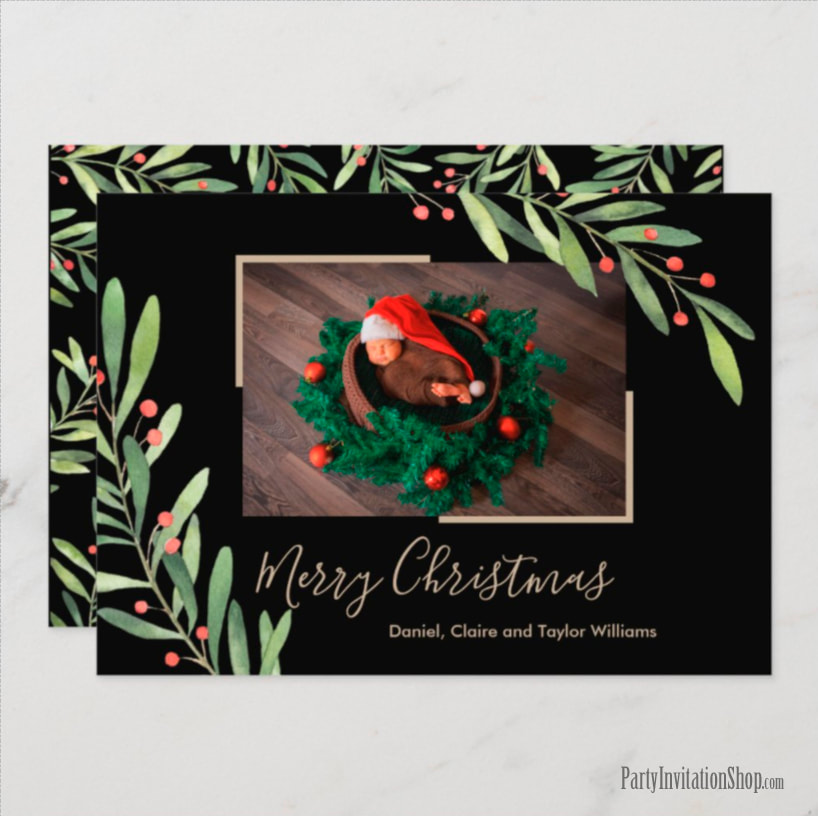 Holly and Berries on Black Christmas Photo Cards