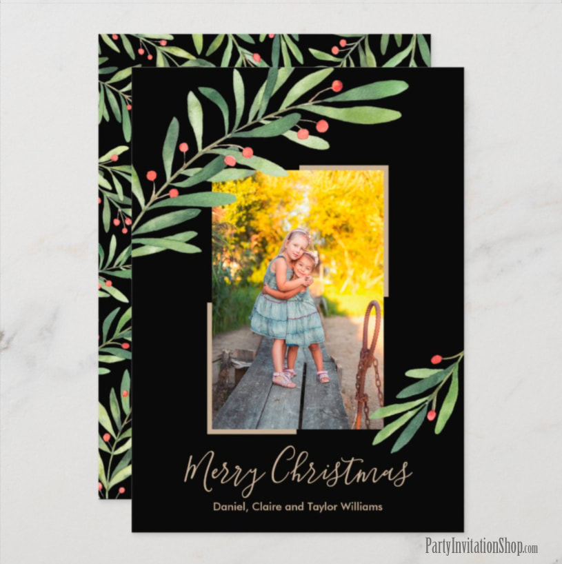 Holly and Berries on Black Christmas Photo Cards