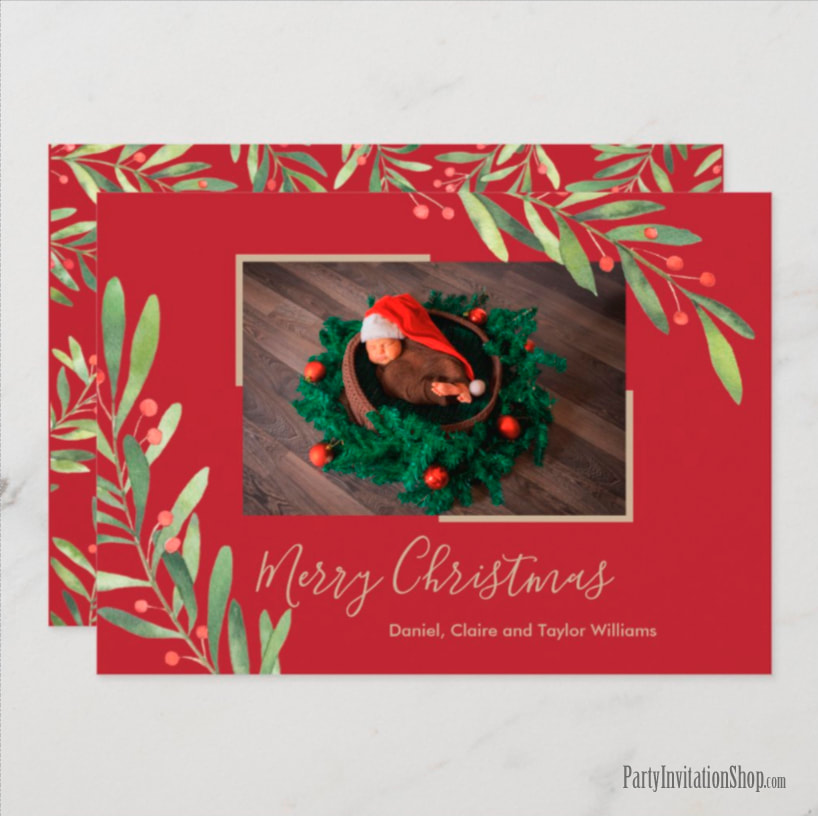Holly and Berries on Red Christmas Photo Cards