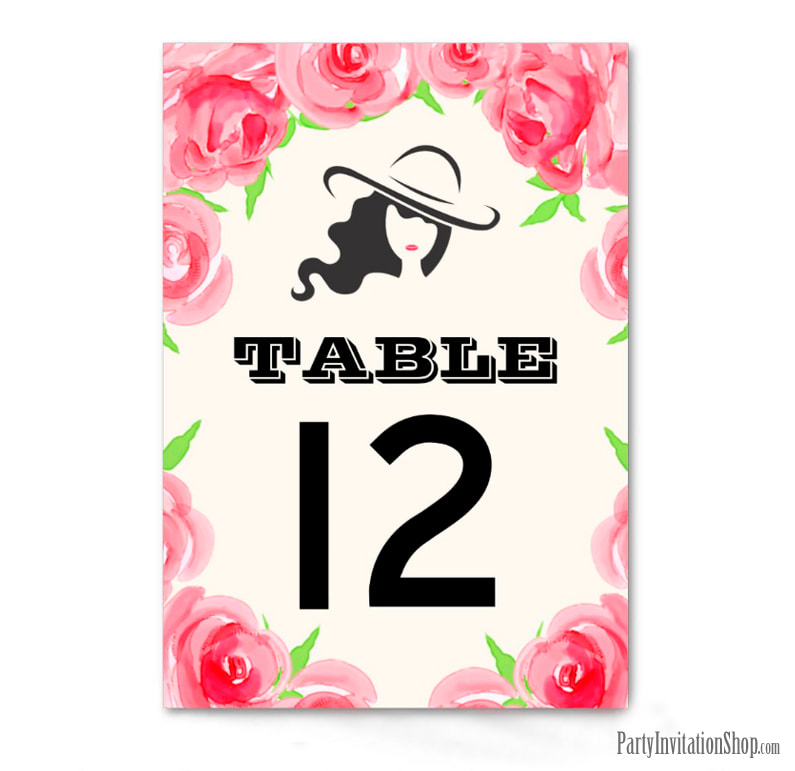 Table Numbers - Big Hat Lady Roses Kentucky Derby / Derby Bridal Shower - plus INVITATIONS, party favor boxes, hand fans, party napkins, plates and more. Short and long hair versions available.