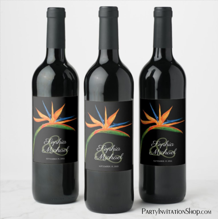 Tropical Bird of Paradise on Black Wine Labels