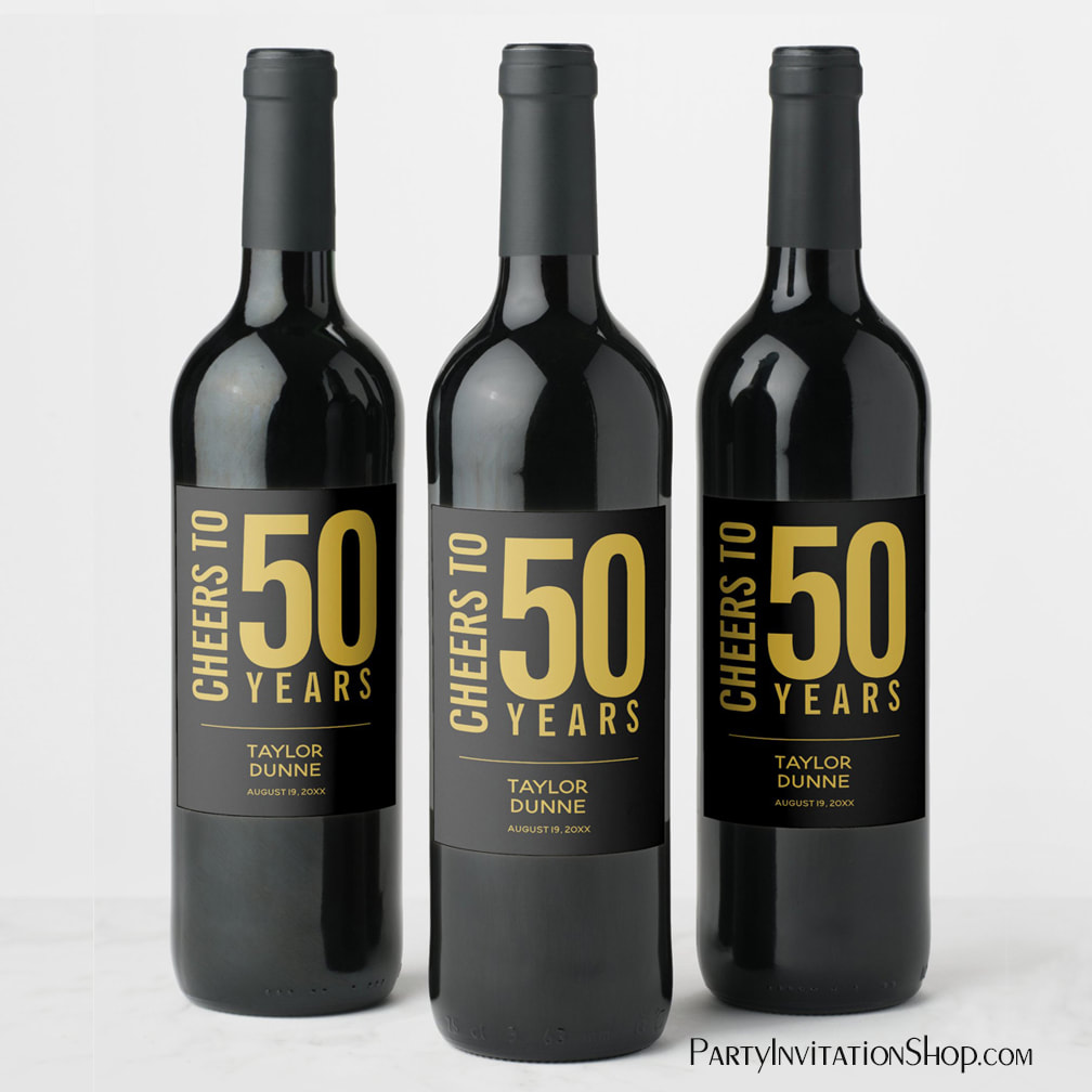 Cheers to 50 Years Black and Gold Wine Labels