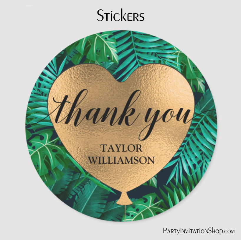 Thank You Gold Heart Balloon Tropical Plants Classic Round Stickers