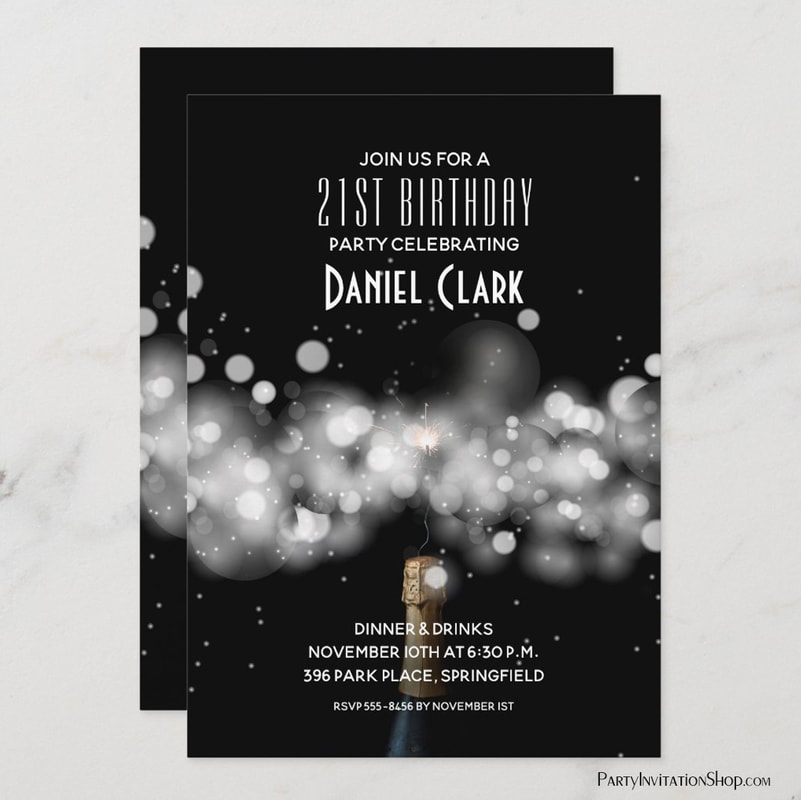 Champagne Sparkle and Fizz on Black Background Birthday Party Invitations from PartyInvitationShop.com