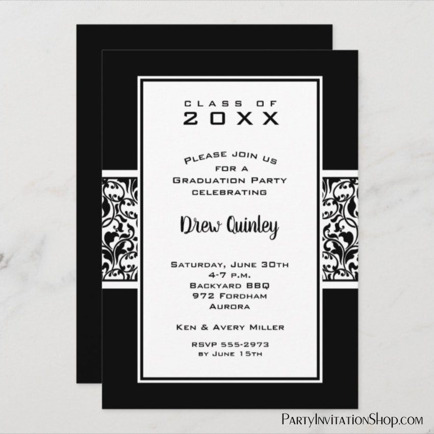 Black and White Damask Graduation Party Invitations and Announcements