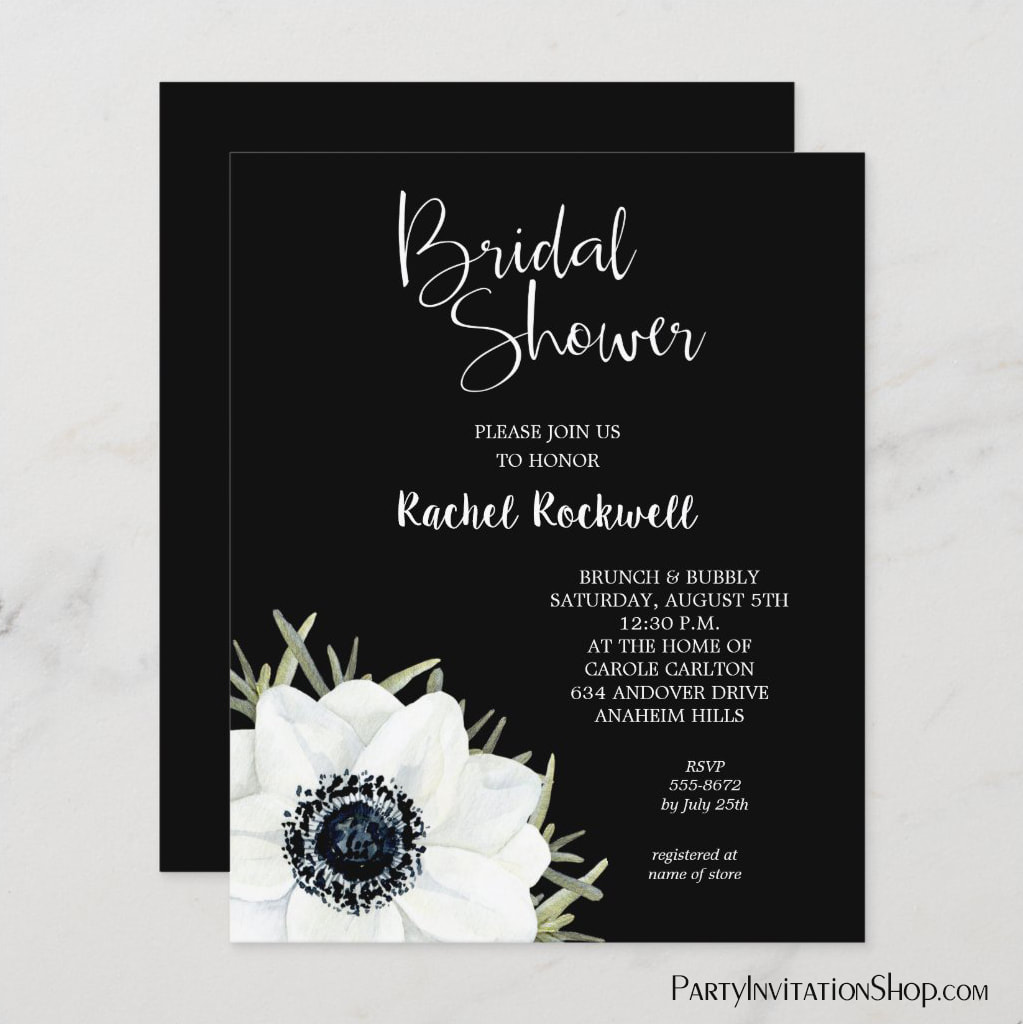 Black and White Floral Bridal Shower Paper Invitations