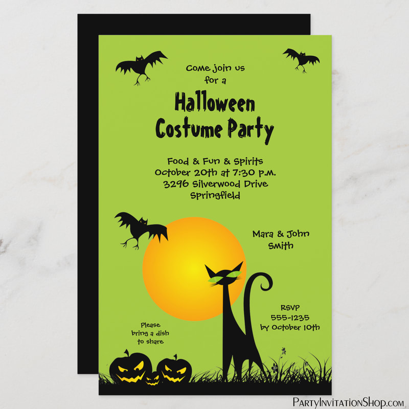 Black Cat and Bats Budget Halloween Invitations 5.5
