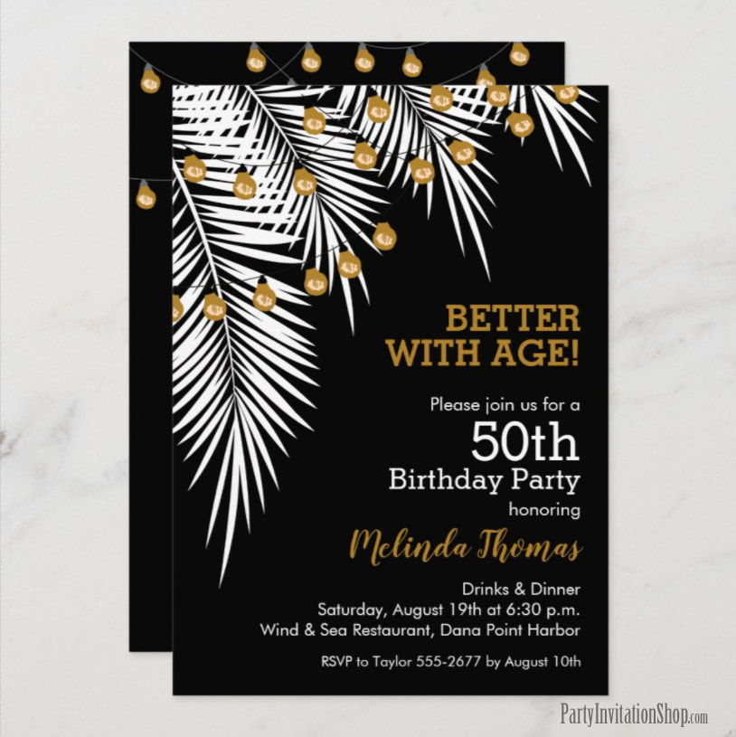 Palms on Black Tropical Birthday Party Invitations
