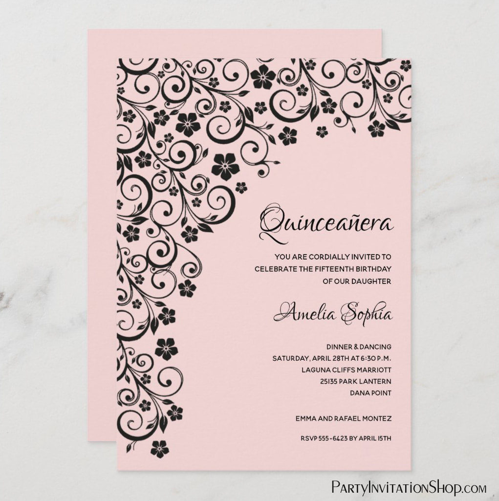 Elegant Quinceañera Black and Pink Invitations
