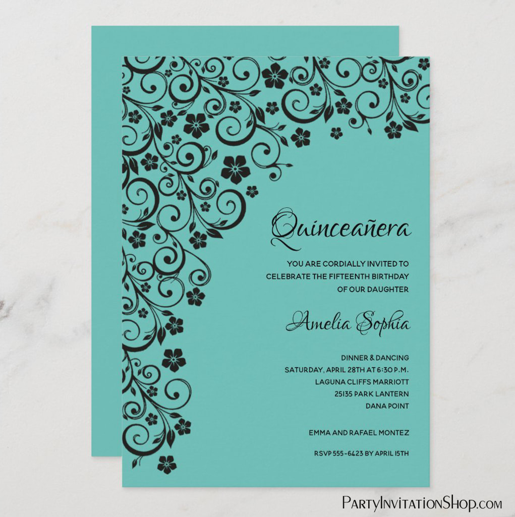 Elegant Quinceañera Black & Turquoise Invitations