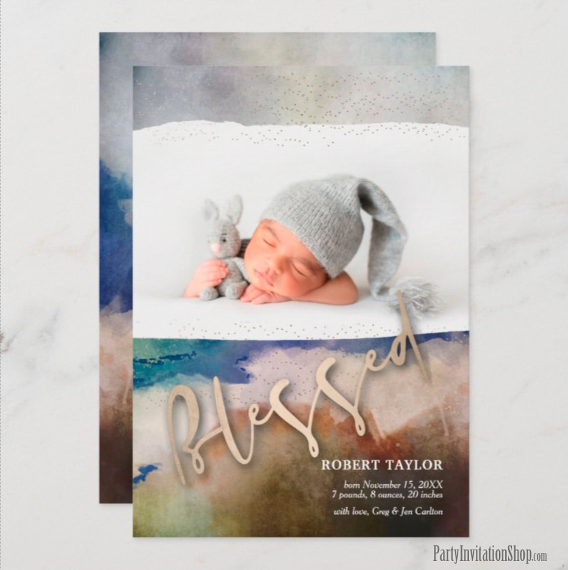 BLESSED Watercolor Photo Birth Announcements