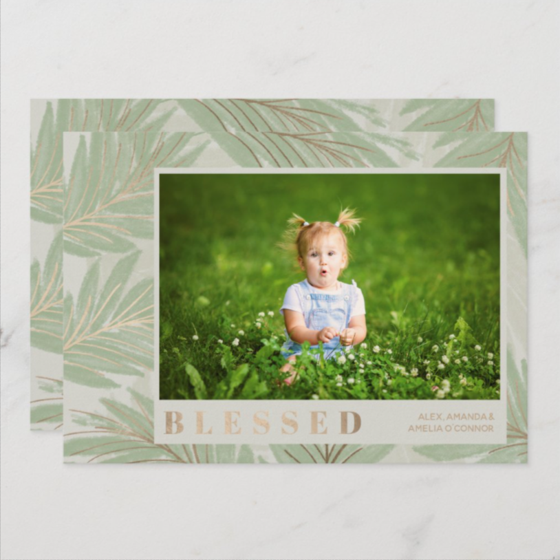 Blessed on Green and Gold Tropical Leaves on Sage Holiday Christmas Photo Cards at PartyInvitationShop.com