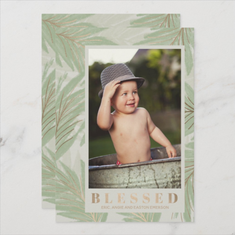 Blessed on Green and Gold Tropical Leaves on Sage Holiday Christmas Photo Cards at PartyInvitationShop.com