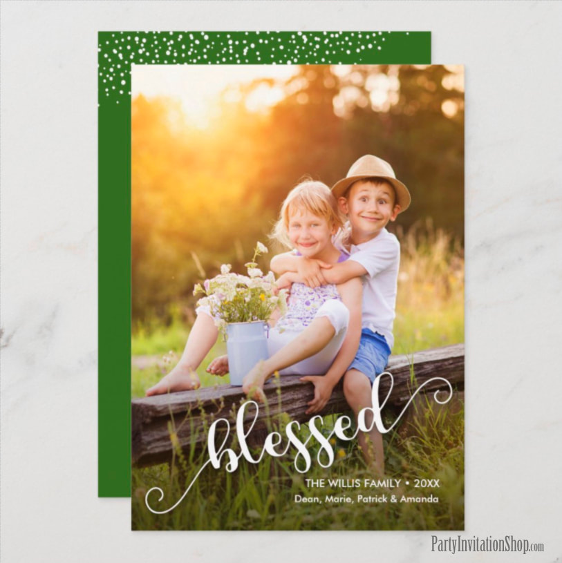 Blessed White Script Holiday Christmas Photo Cards