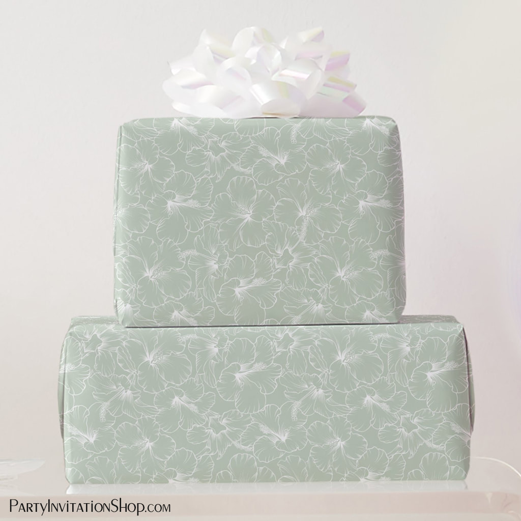 Blooming White Hibiscus Flowers on Sage Green Wrapping Paper