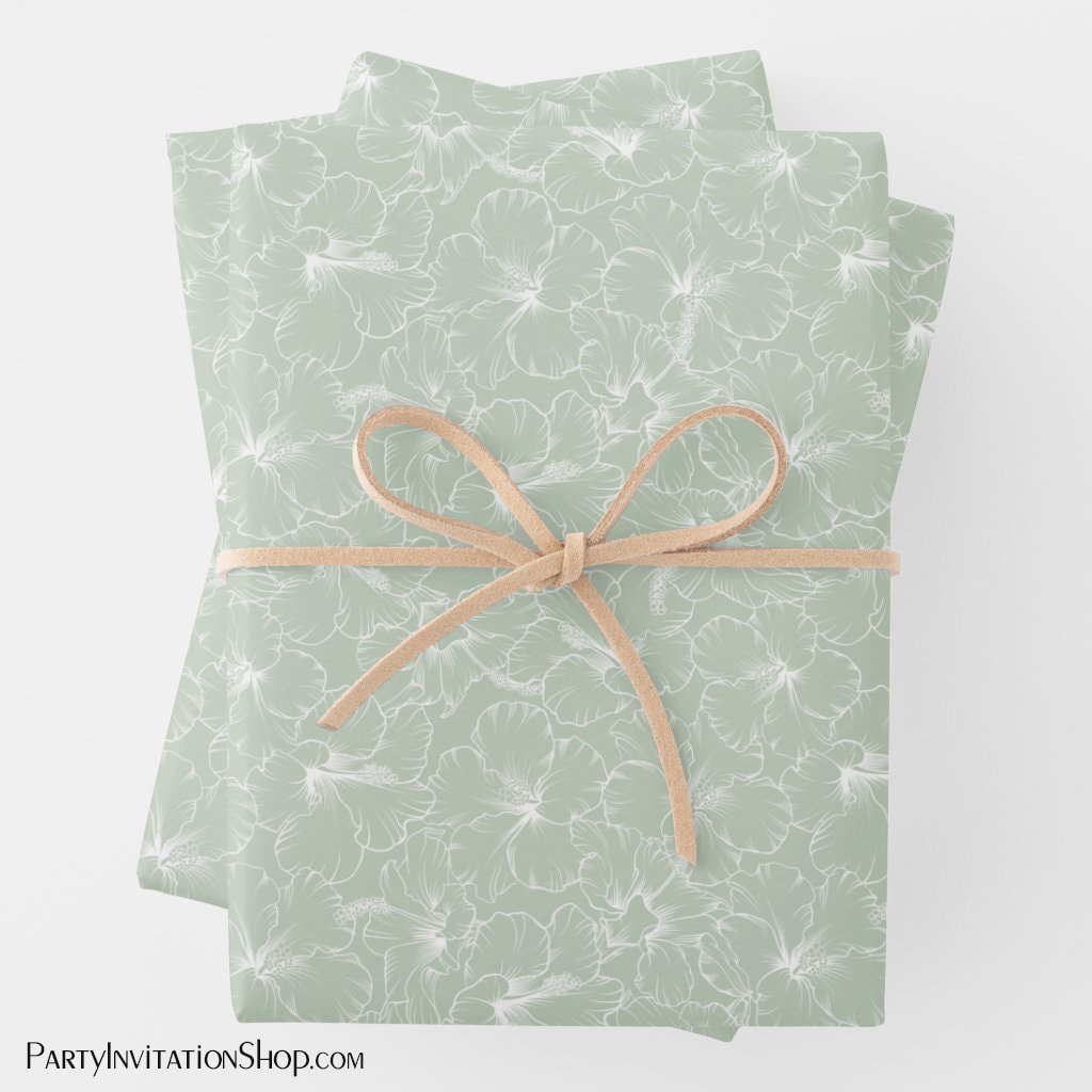 Blooming White Hibiscus Flowers on Sage Wrapping Paper Sheets