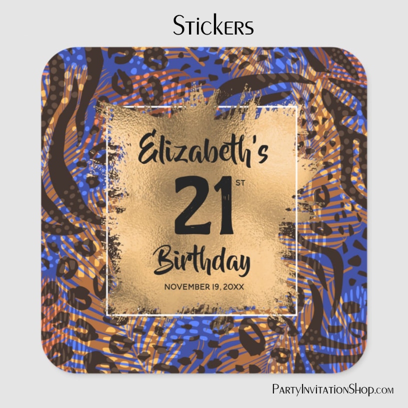 Gold Blue Animal Print 21st Birthday Personalized Square Stickers