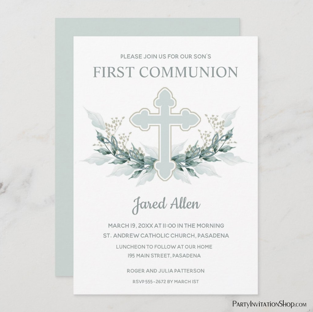 Wreath & Blue Cross First Communion, Baptism, Christening Invitations at PartyInvitationShop.com