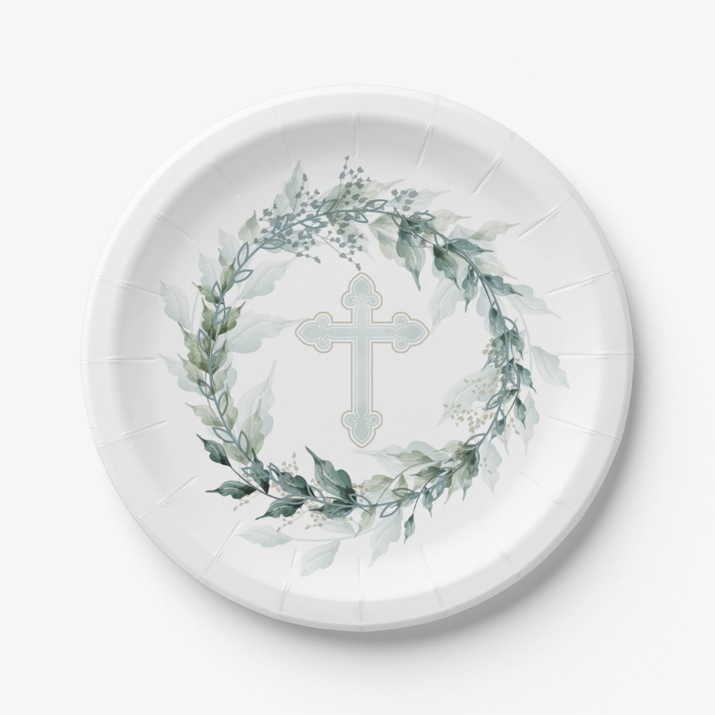 Wreath & Blue Cross First Communion, Baptism, Christening Paper Plates at PartyInvitationShop.com