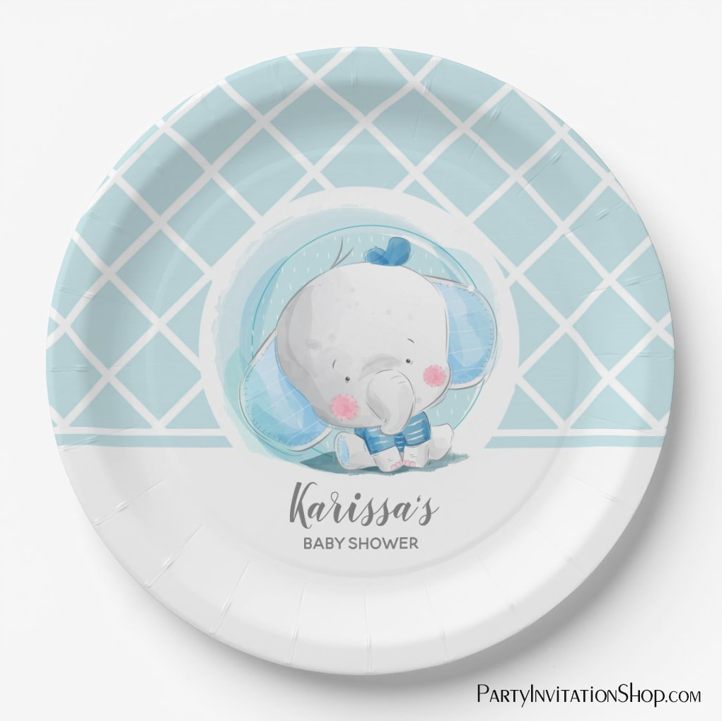 Blue Elephant Boy Baby Shower Paper Plates