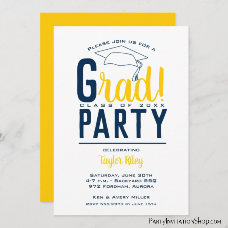 RAD graduation party invitations or graduation announcements in your school colors with a grad cap on the top, just change the wording to fit your event. Notre Dame Fighting Irish colors of Irish green and gold.  Use for college or high school graduation. LOTS OF COLOR combinations already pre-made ready to personalize with your information. Shop PartyInvitationShop.com