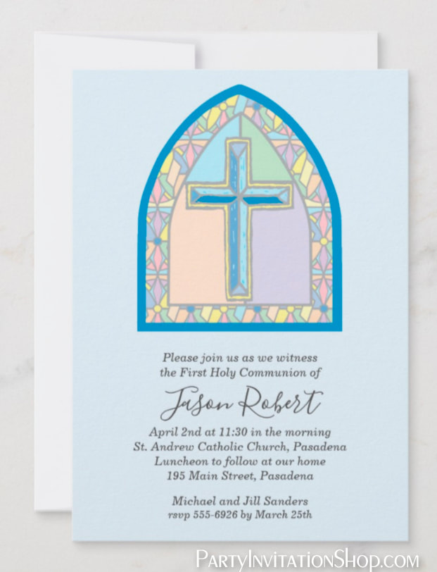 Blue Cross Stained Glass Window Invitations for First Communion, Baptism, Communion at PartyInvitationShop.com MATCHING thank you notes, paper plates, napkins and more. 
