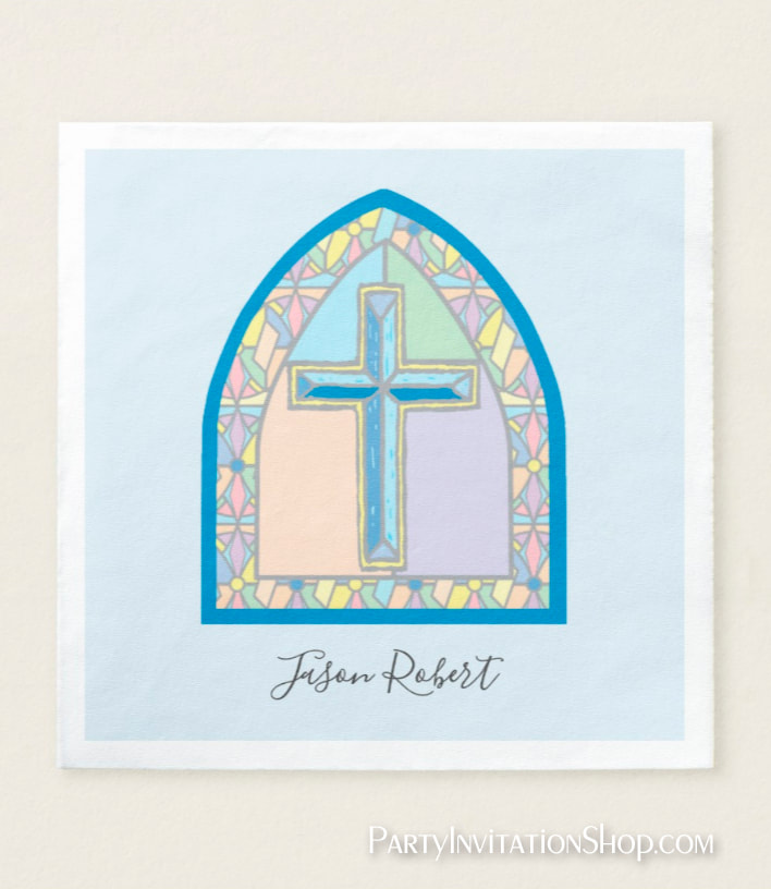 Blue Cross Stained Glass Window paper napkins for First Communion, Baptism, Communion at PartyInvitationShop.com MATCHING invitations, thank you notes, paper plates and more. 