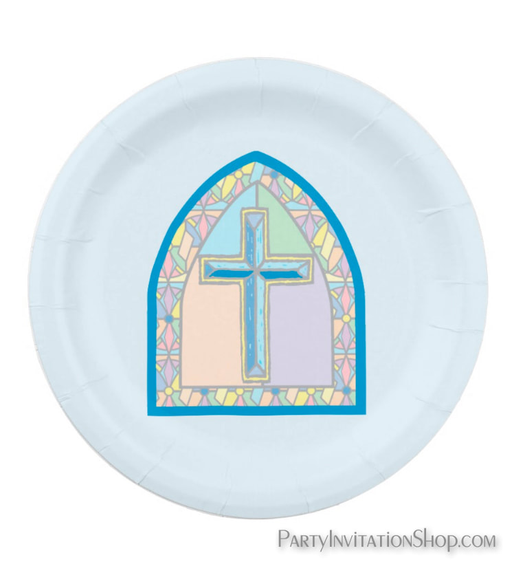 Blue Cross Stained Glass Window paper plates for First Communion, Baptism, Communion at PartyInvitationShop.com MATCHING invitations, thank you notes, napkins and more. 