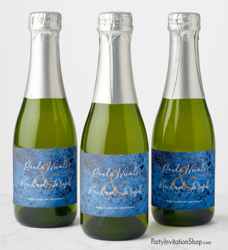Blue Watercolor mini champagne / wine bottle personalized labels. PartyInvitationShop.com