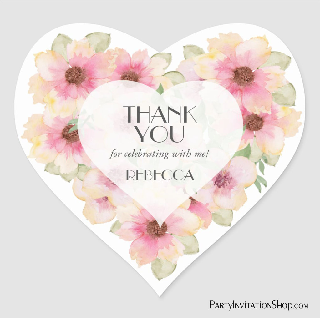 Blush Pink Watercolor Flowers Thank You Favor Heart Sticker